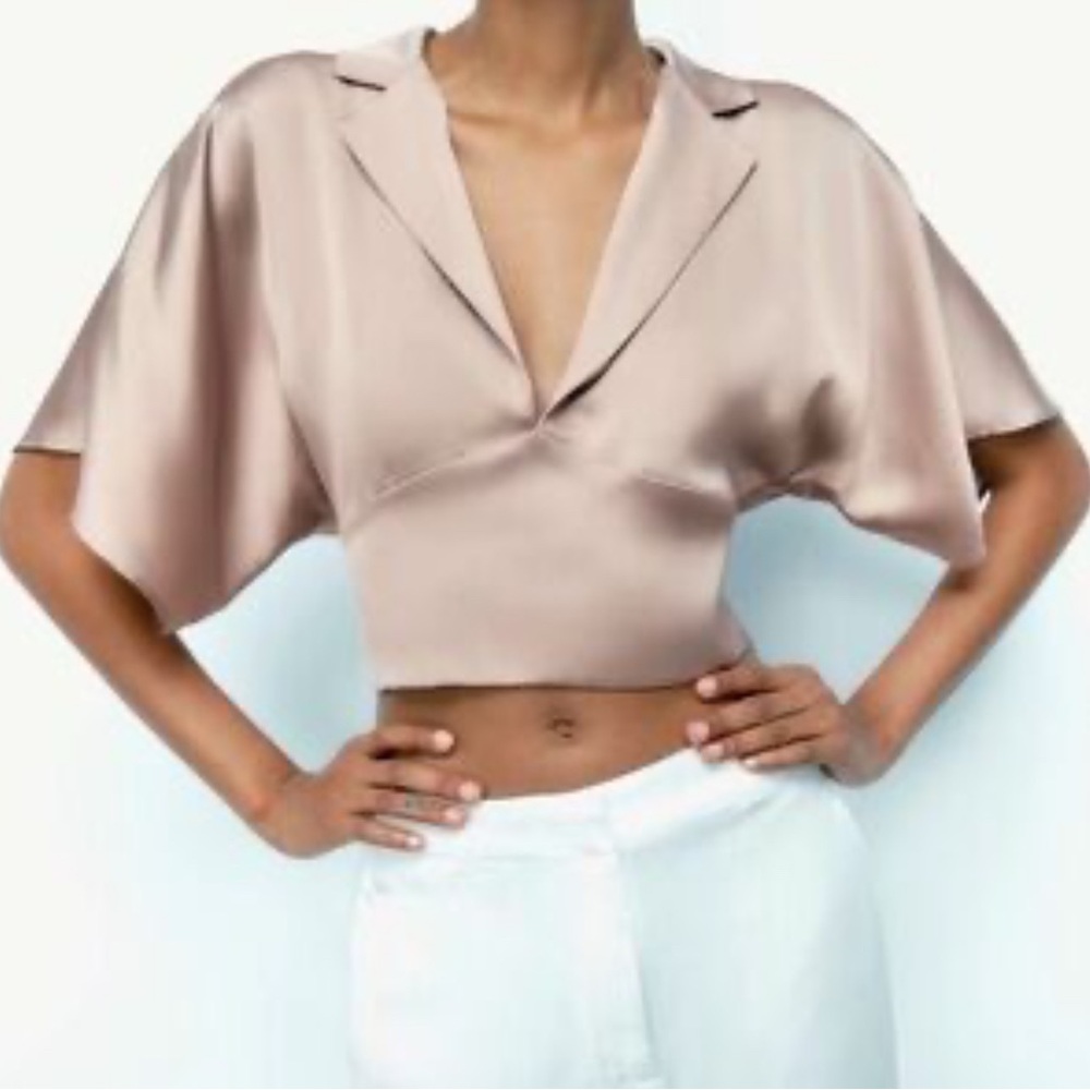 Ro & De Satin Cropped Blouse Taupe Beige Size Medium